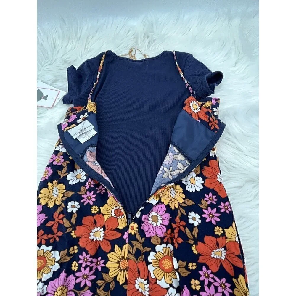RARE EDITIONS 3pc Dress Set Girls Navy  Size 14 Top Necklace Floral Printed NEW